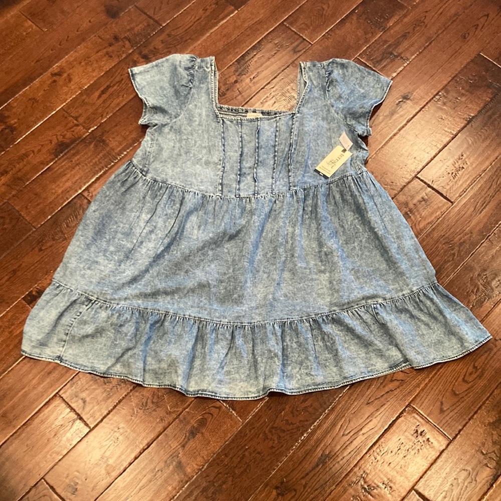 Terra & Sky Square Neck Blue Denim Swing Dress Plus Size 2X (20W-22W)